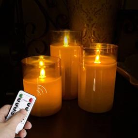 img 1 attached to 🕯️ Свечи Lezonic из стекла с LED-подсветкой: работа от батарейки, имитация пламени с движущимися фитилями, набор из 3 штук (Д 3”×В 4”5”6”) медового цвета свечи-столбики из настоящего воска, пульт управления и таймер - идеальные для камина и Хэллоуина.