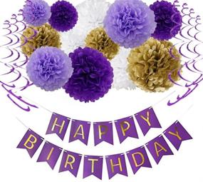 img 4 attached to Fascola Purple Happy Birthday Party Decoration Kit: Happy Birthday Banner, Purple Tissue Paper Pom Poms, Paper Flowers, Hanging Swirl Decor - Ideal for Birthday Celebrations