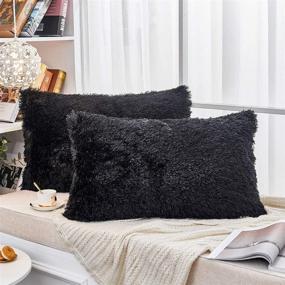 img 4 attached to 🌟 JAUXIO Long Faux Fur Soft Soild Decorative Pillowcase - Fluffy Throw Pillow Cover, Velvet Shaggy Plush Cushion Case Set of 2, Zipper Closure, Queen Size (20X26 Inches) - Elegant Black Design