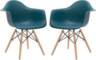 🪑 set of 2 teal poly and bark modern mid-century vortex arm side chairs with natural wood legs for kitchen, living room and dining room логотип