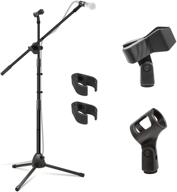 kasonic microphone stand: heavy duty adjustable collapsible tripod boom mic stands with 2 mic clip holders - perfect for performance, karaoke singing, speeches, weddings, stage and outdoor activities - black logo