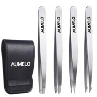 🔧 4-piece professional tweezers set – stainless steel gift with travel case by aumelo | best precision eyebrow and splinter ingrown hair removal tweezers | chemical-free, no colored tips logo