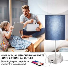 img 1 attached to 💡 Blue Shade Touch Control Table Lamp with USB Ports, AC Outlet, and 3-Way Dimmable LED Bulb – Perfect Modern Bedside Desk Lamp for Bedroom, Living Room, or Office – Silver Base