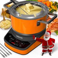 greecho 2.6 qt stainless steel fondue pot electric set with 3 preset modes (cheese, chocolate, broth) and digital 7 gear temperature control - 1200w, separated fondue pot with 6 color-coded forks, vibrant orange logo