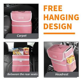 img 3 attached to 🚗 HOTOR Pink Car Trash Can with Lid and Storage Pockets - 100% Leak-Proof and Waterproof Car Garbage Bin for Interior Car Stuff Storage. Adjustable Straps, Magnetic Snaps for Enhanced Convenience