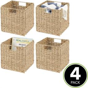 img 3 attached to Set of 4 Natural Seagrass Woven Cube Foldable Storage Bins with Handle - Ideal for Closet, Laundry, Home Office, Nursery, Kitchen, Bathroom Shelf Organization - mDesign