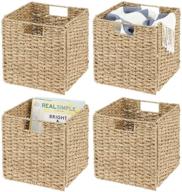 set of 4 natural seagrass woven cube foldable storage bins with handle - ideal for closet, laundry, home office, nursery, kitchen, bathroom shelf organization - mdesign logo