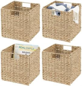img 4 attached to Set of 4 Natural Seagrass Woven Cube Foldable Storage Bins with Handle - Ideal for Closet, Laundry, Home Office, Nursery, Kitchen, Bathroom Shelf Organization - mDesign