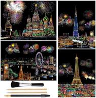 🎨 scratch art rainbow painting paper: a4 fireworks city night view | diy scratchboard crafts for women's hobbies | engraving arts for kids & adults | perfect christmas birthday party gift logo