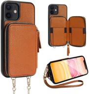 📱 zve iphone 11 wallet case with crossbody chain strap & card holder – brown, 6.1-inch protective leather zipper case logo