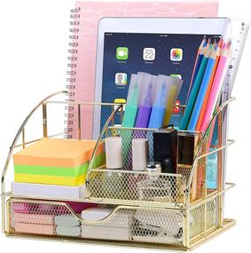 img 4 attached to 👑 Stylish Gold Desk Organizer for Women - Upgraded Mesh Office Supplies Caddy with Drawer for Home & Office Decor and Organization