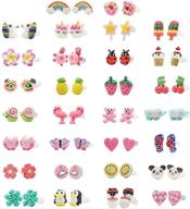 🦄 30 pairs of minihope hypoallergenic polymer clay stud earrings for girls, cute animal unicorn donut designs, perfect gift for little girls and kids logo