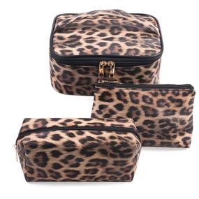 img 4 attached to 🐆 Stylish and Practical 3 Pack Leopard Makeup Bag Travel Toiletry Bags for Women and Girls - Portable Cosmetic Pouch Organizer with Brush Holders, Gold Zipper, and Waterproof Storage Case