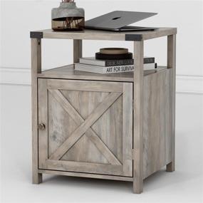 img 1 attached to 🛏️ Hoseoka Farmhouse Nightstand: Stylish Gray Wood End Table with Cabinet and Shelf - Perfect Bedroom Side Table, 17.7 in