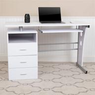 stylish white desk with ample storage, keyboard tray, and 3-drawer pedestal logo