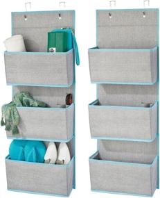 img 4 attached to mDesign Soft Fabric Over The Door Hanging Storage Organizer - 3 Large Pockets 🚪 for Closets, Hallway, Entryway - Hooks Included - Textured Print, 2 Pack - Gray/Teal Blue