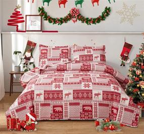 img 3 attached to 🎄 Christmas Queen Size Quilt Set - Festive Home Bedding, Rustic Lodge Bedspread, Moose Bear Plaid Patchwork Design, Lightweight Holiday Quilt - Reversible Coverlet in Red and White