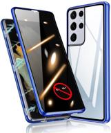 🔒 kumwum privacy case for samsung galaxy s21 ultra - tempered glass, front and back metal bumper, magnetic adsorption, anti peep, blue color logo