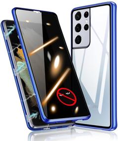 img 4 attached to 🔒 KumWum Privacy Case for Samsung Galaxy S21 Ultra - Tempered Glass, Front and Back Metal Bumper, Magnetic Adsorption, Anti Peep, Blue Color