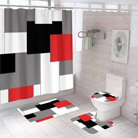 img 4 attached to Geometric Red Shower Curtain Set: 4-Piece Bathroom Decor with Non-Slip Rugs, Toilet Lid Cover, Bath Mat | Black Gray Accessories | Durable Polyester Fabric