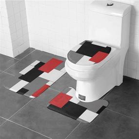 img 2 attached to Geometric Red Shower Curtain Set: 4-Piece Bathroom Decor with Non-Slip Rugs, Toilet Lid Cover, Bath Mat | Black Gray Accessories | Durable Polyester Fabric