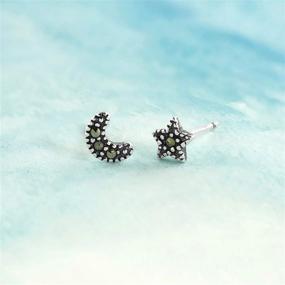 img 2 attached to 🌙✨ Sterling Silver Marcasite Moon and Star Mismatched Stud Earrings by Boma Jewelry