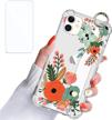 iphone 12/iphone 12 pro case floral flower wrist strap kickstand for women girls with screen protector protective clear transparent cell phone bumper wrist band cover 6 logo