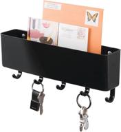 mdesign black wall mount mail organizer storage basket with 5 hooks - ideal for entryway, mudroom, hallway, kitchen, office - holds letters, magazines, coats, keys логотип