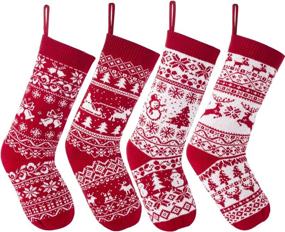 img 4 attached to 🧦 4 Pack Knit Christmas Stockings - 18" Large Xmas Stocking Gift Holder Bag Decoration with Snowflake Santa Snowman Reindeer Pattern for Family Tree Decor Ornament Accessories Holiday Party Supplies