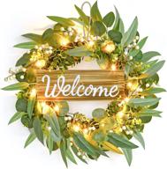 🎀 fulldepot 25.19 inch artificial eucalyptus wreath with light and welcome sign – farmhouse décor for front door, wall, window, party, christmas – festive front porch decoration логотип