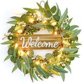 img 4 attached to 🎀 Fulldepot 25.19 Inch Artificial Eucalyptus Wreath with Light and Welcome Sign – Farmhouse Décor for Front Door, Wall, Window, Party, Christmas – Festive Front Porch Decoration