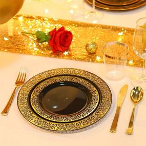 img 2 attached to BUCLA 125PCS Black Plastic Plates with Gold Rim + Disposable Gold Plastic Silverware - Elegant Gold Lace Dinnerware for Weddings & Parties