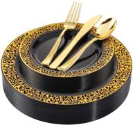 bucla 125pcs black plastic plates with gold rim + disposable gold plastic silverware - elegant gold lace dinnerware for weddings & parties logo