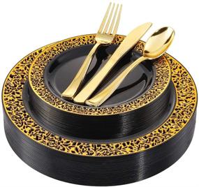 img 4 attached to BUCLA 125PCS Black Plastic Plates with Gold Rim + Disposable Gold Plastic Silverware - Elegant Gold Lace Dinnerware for Weddings & Parties