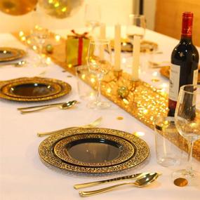 img 1 attached to BUCLA 125PCS Black Plastic Plates with Gold Rim + Disposable Gold Plastic Silverware - Elegant Gold Lace Dinnerware for Weddings & Parties