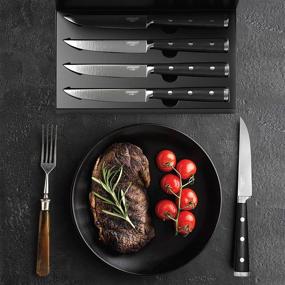 img 1 attached to 🔪 Набор из 4 стейковых ножей из нержавеющей высокоуглеродистой стали - не зазубренные супер острые премиум лезвия с черными ореховыми ручками с тремя заклепками