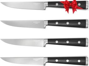 img 4 attached to 🔪 Набор из 4 стейковых ножей из нержавеющей высокоуглеродистой стали - не зазубренные супер острые премиум лезвия с черными ореховыми ручками с тремя заклепками