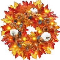 🍁 large 24-inch turnmeon thanksgiving fall wreath with timer, thick prelit wreath, 30 lights, pumpkin, maples leaf, pine cone, and berry, battery operated autumns harvest fall thanksgiving home indoor decorations логотип