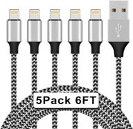 🔌 yefoot mfi certified iphone charger, 5pack 6ft nylon woven lightning cable with metal connector for iphone 11/pro/xs max/x/8/7/plus/6s/6/se/5s ipad - black & white logo