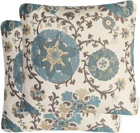 img 4 attached to 🌸 Mika Home 2-Pack Jacquard Circle Floral Throw Pillow Shell Vintage Cushion Cover - Cream Blue - Fits 20X20 Inserts