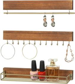 img 4 attached to 🛍️ MyGift Burnt Wood and Gold-Tone Metal Wall-Mounted Jewelry Organizer - 3-Piece Set with 12 Hooks, Hanging Bar, and Shelf