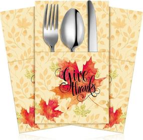 img 4 attached to 🍽️ 36-Piece Thanksgiving Utensil Cutlery Napkin Holders Set - Give Thanks Knife Forks Silverware Pouch Bags - Cutlery Wraps for Table Setting, Dinner Decorations Supplies, Autumn Fall Harvest Party Favors