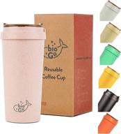 biogo cup - rice husk fibre, bpa-free double wall insulation reusable coffee cups - on-the-go travel mug with screw tight lid, textured grip - ultra lightweight (faded pink, 16oz) logo