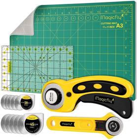 img 4 attached to 🧵 Magicfly Rotary Cutter Set: 45mm and 28mm Fabric Cutters Kit with 10 Extra Blades, A3 Double-Sided Self Healing Cutting Mat, 12x6 Inch Quilting Ruler - Perfect for Sewing, Fabric Cutting, and Art Crafting