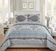 🌸 new aqua blue floral 3pc king/california king bedspread coverlet set in grey, white, taupe by mk home logo