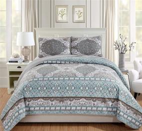 img 1 attached to 🌸 New Aqua Blue Floral 3pc King/California King Bedspread Coverlet Set in Grey, White, Taupe by MK Home