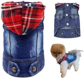 img 4 attached to 👕 Vintage Washed Denim Jeans Jacket Coat for Small Medium Dogs | QEQRUG Dog Hoodie Vest with Red Plaid Hat, Size L