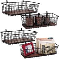 4 set extra large metal farmhouse wall decor storage organizer basket bin 🏡 with handles and floating shelves - entryway, bathroom, kitchen- wall mount hooks included (4, black) логотип