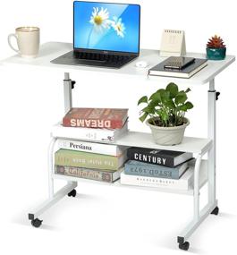 img 4 attached to 📚 Adjustable Standing Desk for Small Spaces - Portable Laptop Computer Desk Table for Bedrooms - Couch Desk for Home Office - Mobile Rolling Desk on Wheels - 31.5" White Desk with Storage