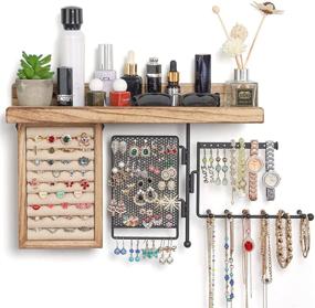 img 4 attached to 📷 SOLIMINTR Hanging Jewelry Organizer: Wall Mount Holder with Rustic Wood Shelf & Multiple Jewelry Display Compartments